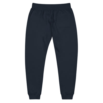 Navy blue unisex fleece sweatpants with ribbed waistband, cuffed ankles, and front cross pockets. Shown flat to highlight the 5-thread stitching and soft fleece lining.